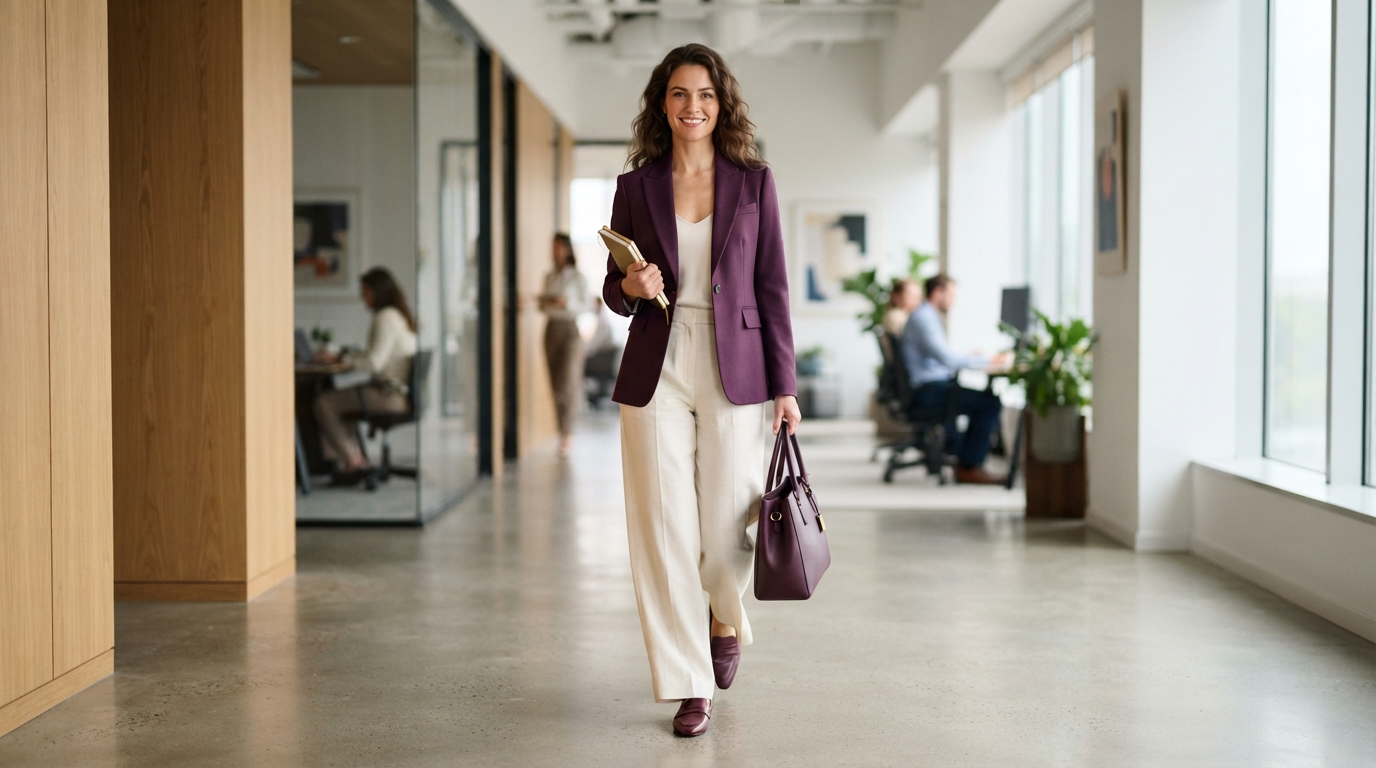 Plum Purple Tailored Blazer & Cream Wide-Leg Linen Pants